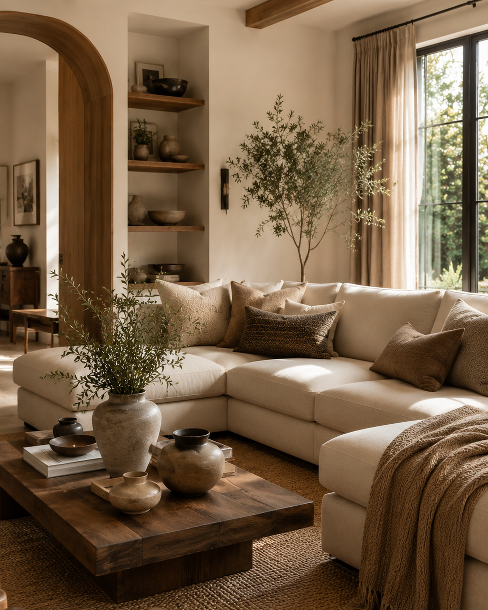 Alba House conceptual living room with soft textiles and warm neutral tones