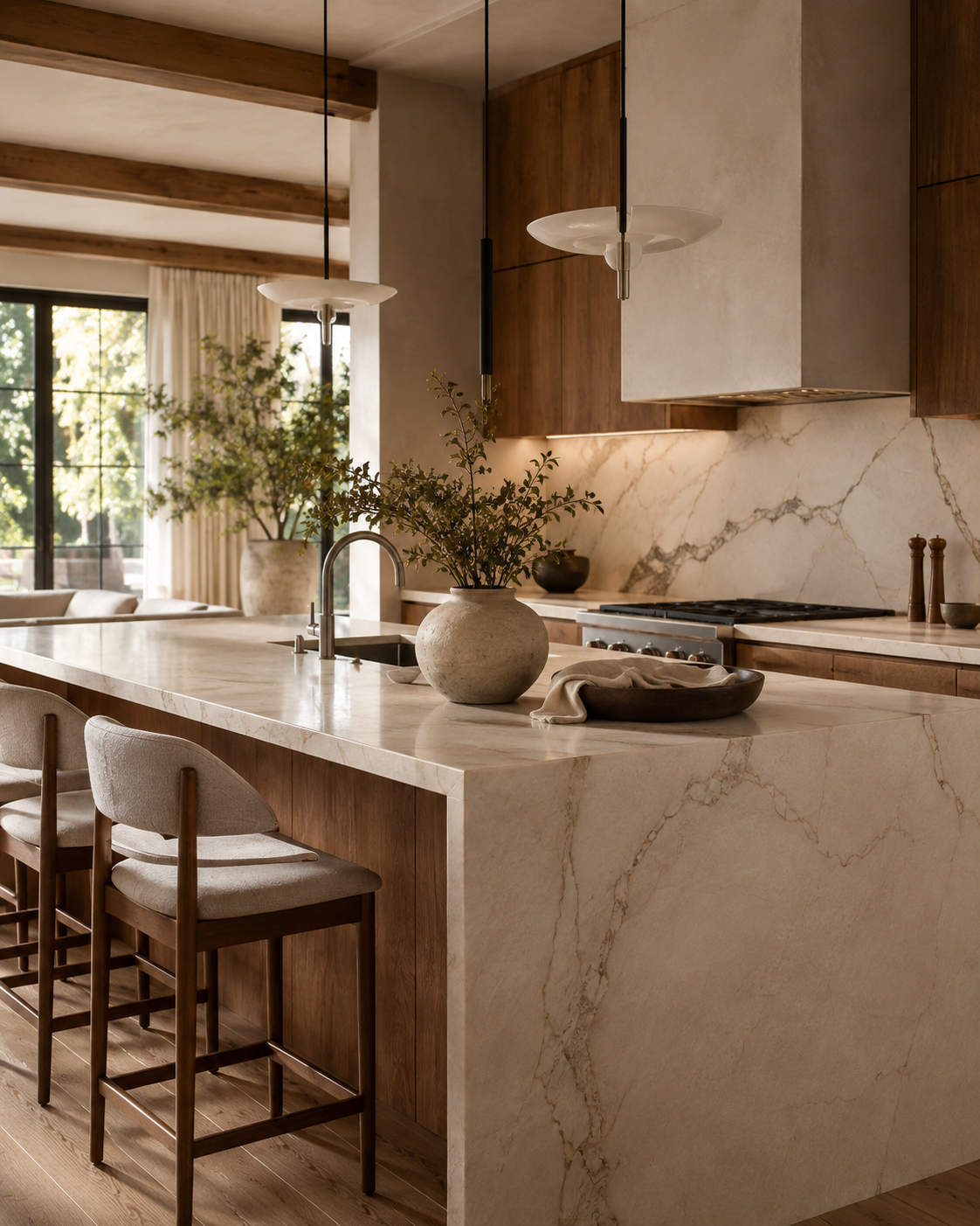Alba House conceptual kitchen with warm wood and neutral materials