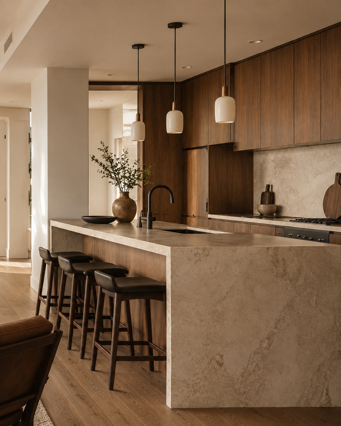 Nomada Apartament conceptual kitchen with clean lines and warm contemporary materials