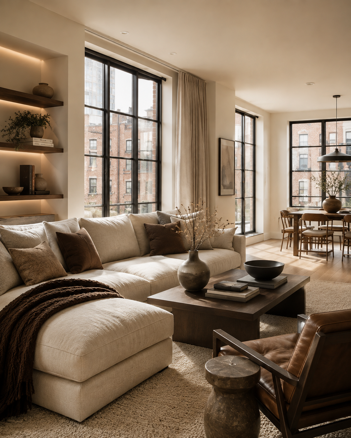 Nomada Apartament conceptual living room with contemporary furniture and warm neutral tones