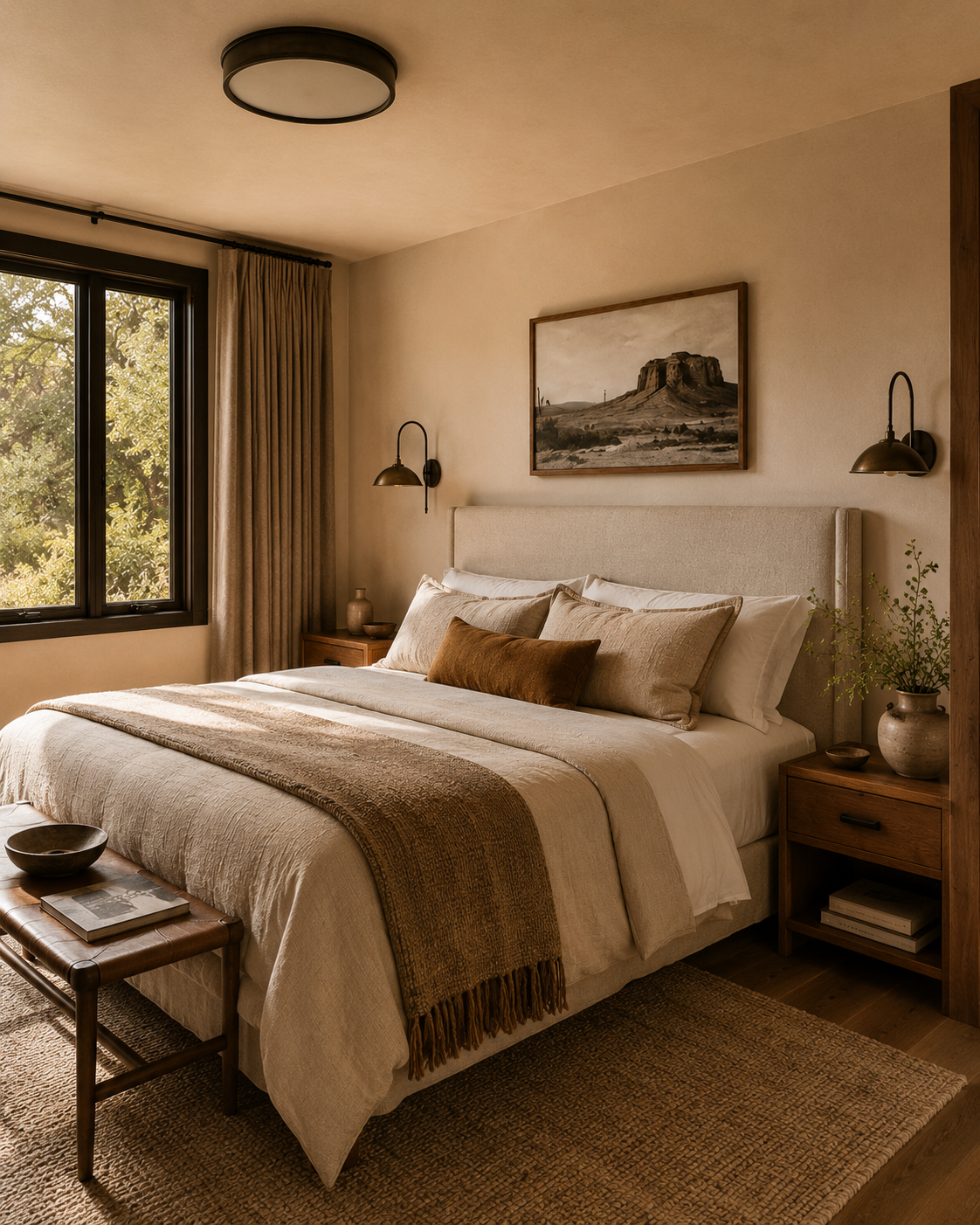 Amber Guest House conceptual guest bedroom with warm materials and soft neutral tones