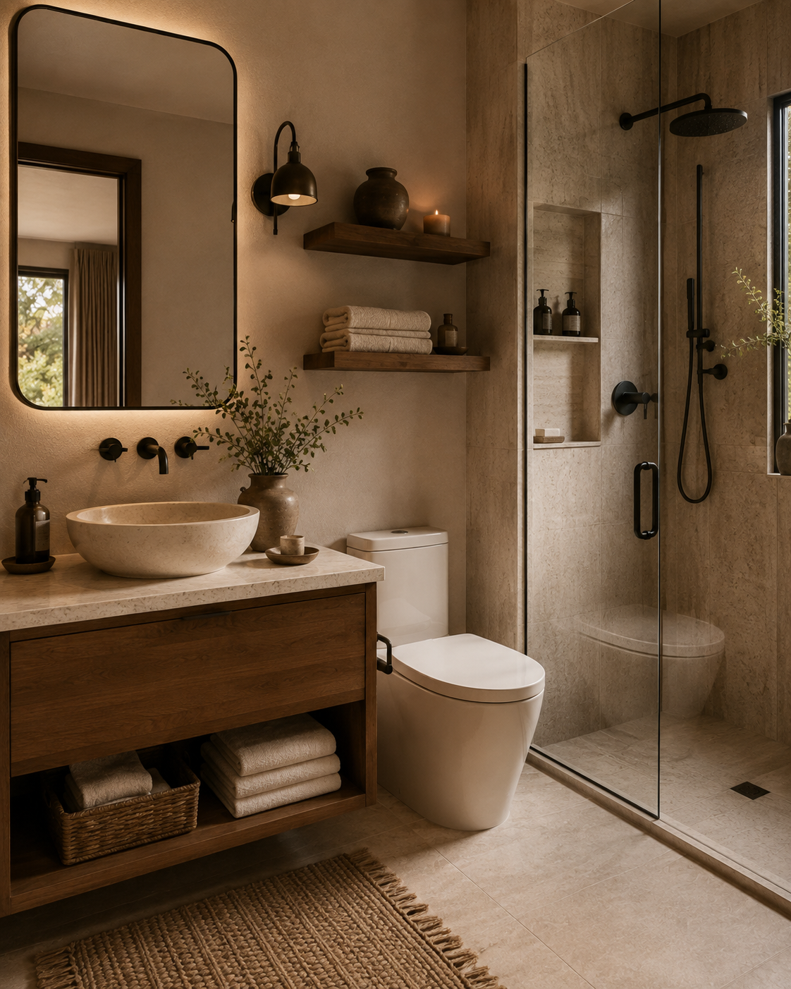 Amber Guest House conceptual bathroom with natural textures and refined finishes