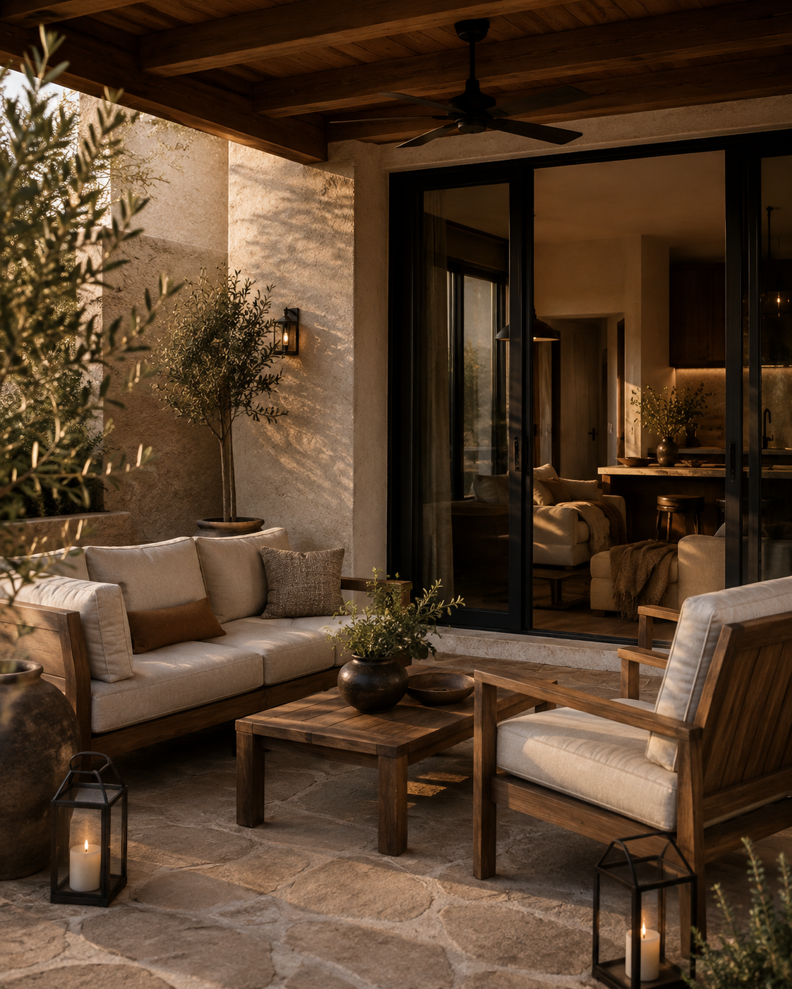 Amber Guest House conceptual outdoor lounge with comfortable seating and warm natural materials